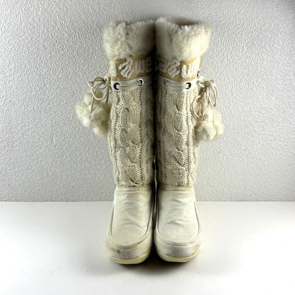 Vtg Rocawear Nadina Wedge Winter Boots Womens 7 Cream Cable Knit Faux Fur Y2K
